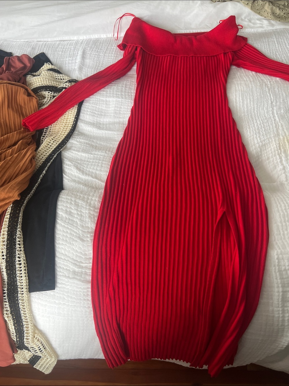 Windsor Red Strapless Ribbed Midi Dress